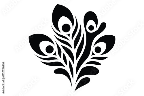 Black Silhouette of a Cluster of Stylized Peacock Feathers with Eye Motifs black and white