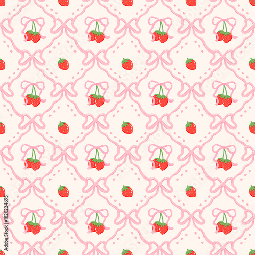 Seamless Strawberry Bow Pattern with Pink Ribbon Coquette Background