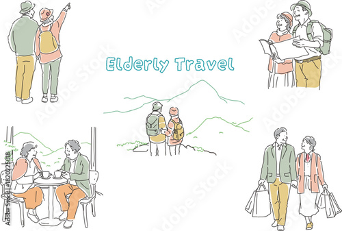 シニア夫婦が仲良く旅行をするイラストセット素材