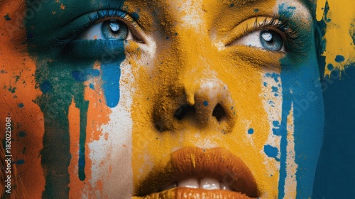 A person with colorful paint on their face, eyes, and nose, with blue and orange colors dominating the face and background.
