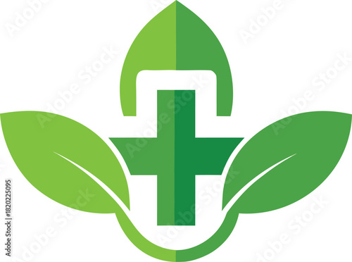 Green cross with leaves logo for natural health and medicine concepts
