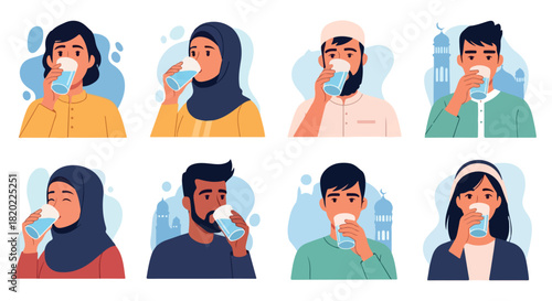 Muslim people drinking water during Ramadan