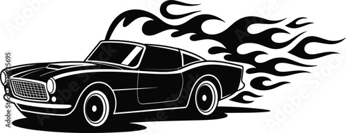 Black vector silhouette of a classic American muscle car accelerating with extreme flames, symbolizing power and speed