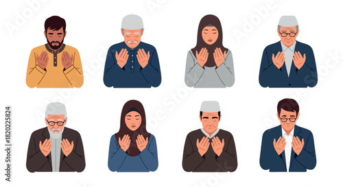 Muslim people praying hands together diverse group