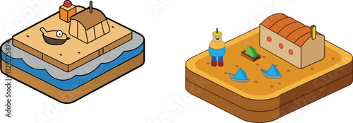 Tiny fishing dock on a loaf of bread with miniature fisher, whimsical miniature scene, creative surreal concept, tiny boat, handcrafted art, imaginative stock photography