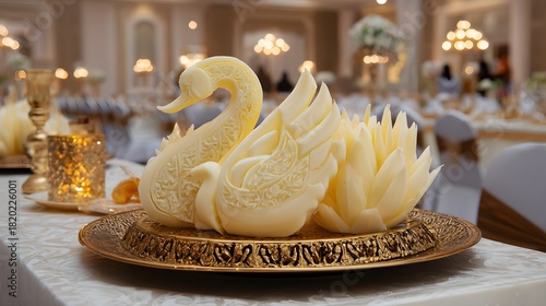Fototapeta Naklejka Na Ścianę i Meble -  Ornate butter sculpture shaped like swans rests on a golden platter during an elegant event setting