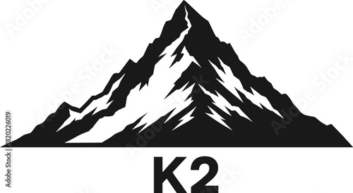 Black and white graphic of jagged mountain peak with K2 text below summit rock