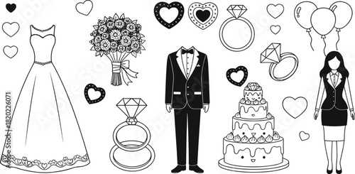 Black and white line art wedding elements including bride dress groom suit wedding cake rings balloons and hearts