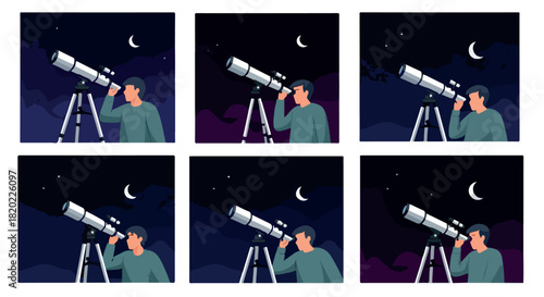 Man observing stars with telescope at night
