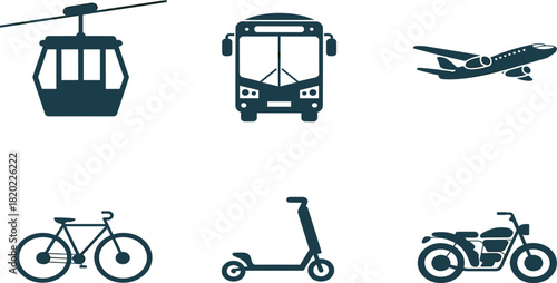 Vector icon set of six common transportation modes: cable car, bus, airplane, bicycle, electric scooter, and motorcycle