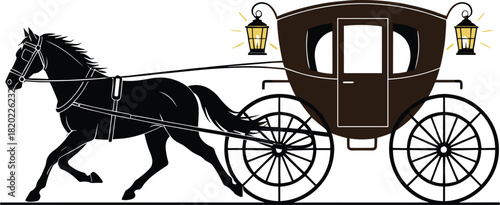Black horse pulling a brown carriage with illuminated lanterns on white background