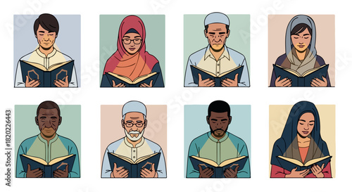 Diverse people reading books with calm expressions