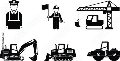 Black silhouette icons of construction vehicles and workers on white background police officer