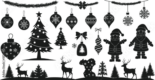 Black silhouette Christmas elements including Santa Claus reindeer fir trees ornaments snowflakes and garland