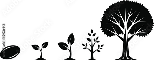 Black silhouette of a seed growing into a sapling and then a mature tree germination