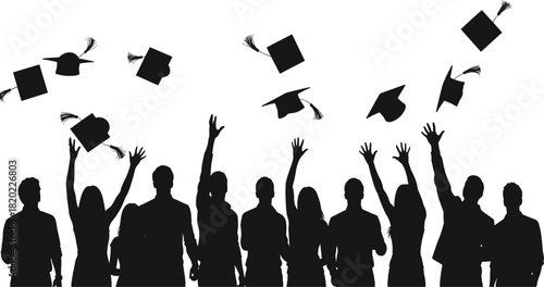 Black silhouettes of graduating students throwing graduation caps in the air with hands raised in celebration