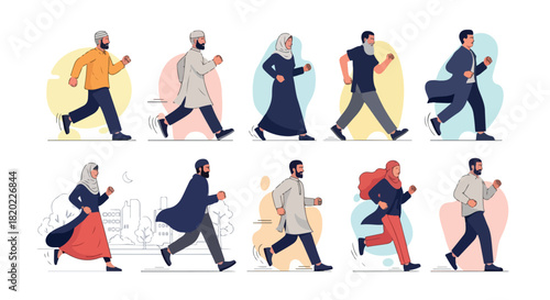 People running in traditional Middle Eastern clothing