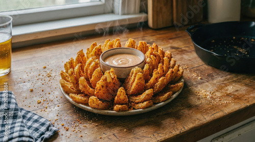 A homemade breaded and spicy blooming onion with dipping sauce cooling on a kitchen countertop. A delicious appetizer.