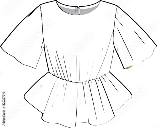 Peplum top fashion flat sketch with flutter sleeves and waist gathers, garment technical template for designers, cad drawing flat vector illustration
