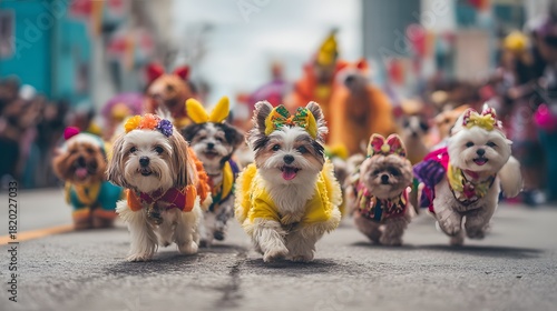 Fototapeta Naklejka Na Ścianę i Meble -  Group of small, adorned canines enthusiastically participate in a street event