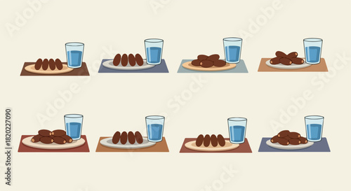 Dates and glass of water on plates
