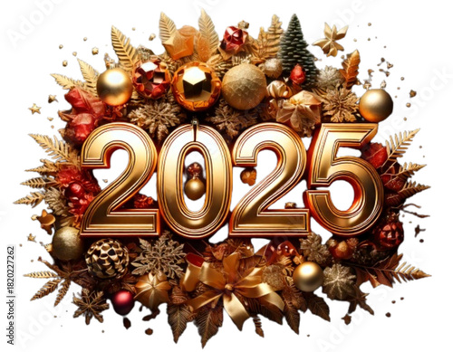 Christmas Background with Gold and Red Ornaments and 3D 2026 Typography, Elegant Holiday PNG