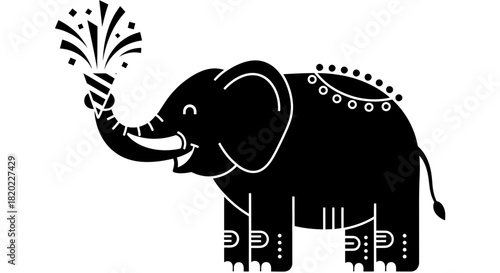 Celebrate with a cheerful decorated elephant holding a party popper
