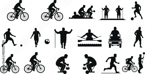 Collection of black silhouettes of people engaged in various outdoor sports and activities