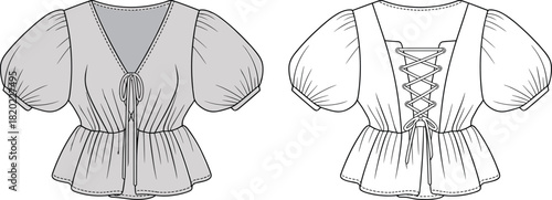 Peasant blouse fashion flat sketch, vector garment design, puff sleeve top illustration, lace-up back detail, women’s clothing CAD drawing