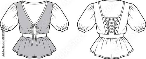 Peplum blouse fashion flat sketch with puff sleeves, lace-up back design, detailed garment technical drawing for apparel designers, vector illustration