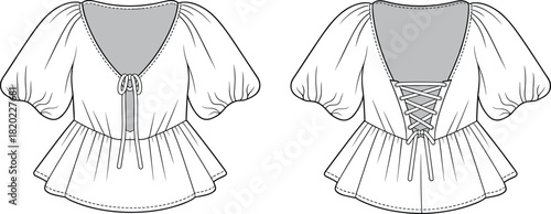 Women peplum blouse fashion flat, puff sleeve top design, front and back technical sketch, lace-up detail, garment template illustration