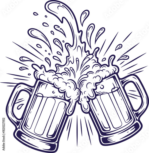 Blue line art of two beer mugs clinking, with a dynamic splash of frothy beer and foam