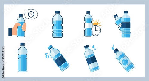 Water bottle stages with time and sun icons