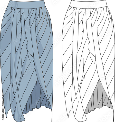 Elegant draped skirt fashion flat, technical garment illustration, wrap skirt vector design, detailed CAD drawing for apparel designers and creators
