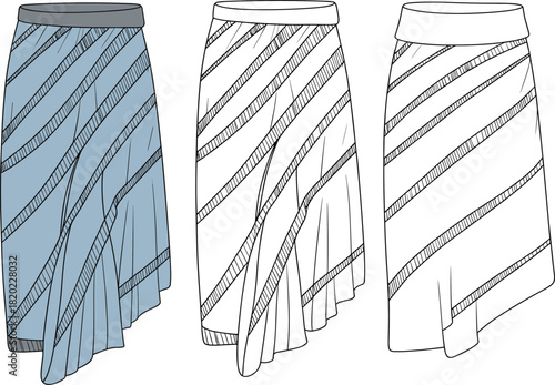 Fashion skirt CAD drawing, asymmetrical draped skirt vector, technical flat illustration for apparel design, womenswear garment template, detailed line art