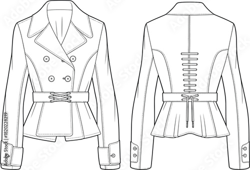 Cad drawing flat vector illustration, women’s double-breasted jacket template, peplum waist coat design, technical fashion sketch for apparel industry