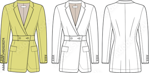 Cad drawing flat vector illustration, tailored women’s blazer fashion template, belted jacket technical sketch, garment design outline for apparel industry