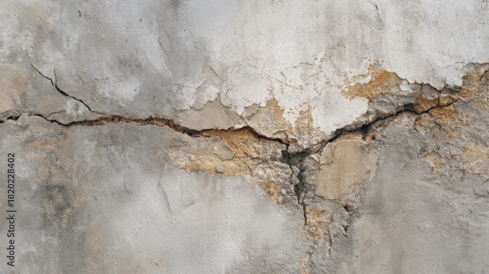 Obraz premium A weathered concrete wall with cracks and patches of peeling paint, set against a plain background.