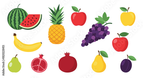A colorful and fresh assortment of healthy fruits, featuring watermelon, pineapple, banana, apples, grapes, pears, pomegranates, and a plum.