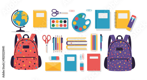 A collection of colorful school supplies and stationery items arranged neatly on a white background, perfect for back-to-school themes.