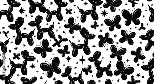 Playful seamless pattern featuring black balloon animals, butterflies, and sparkling stars scattered across a clean white background.