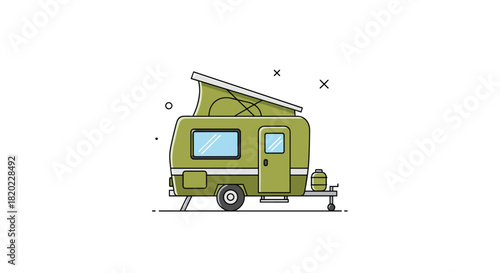 A charming cartoon illustration of a green pop-top camper trailer, ready for adventure and outdoor exploration, against a clean white background.