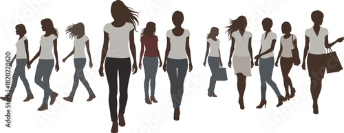 Group of diverse women walking in silhouette with shopping bags and casual attire