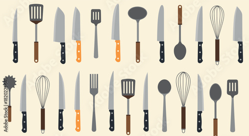 A comprehensive collection of various essential kitchen utensils including knives, spatulas, ladles, and whisks, perfect for cooking and food preparation.