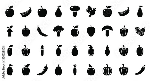 A diverse collection of minimalist black silhouette icons representing common fresh fruits and vegetables, arranged in a clean grid layout.