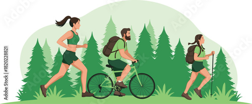 Woman running man cycling girl hiking in green forest with pine trees outdoor activity