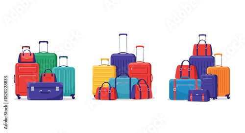 A vibrant collection of colorful travel luggage, including various sizes of suitcases and duffel bags, neatly arranged for a trip or vacation.
