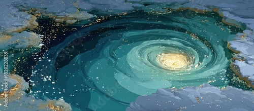 Artistic view of a swirling vortex of water with a bright golden center