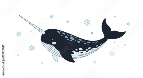 Cute cartoon narwhal with a spiral tusk swimming among snowflakes, depicted in a playful arctic illustration.