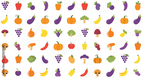 A colorful assortment of various fruits and vegetables in a repeating pattern, showcasing healthy food options for a vibrant lifestyle.